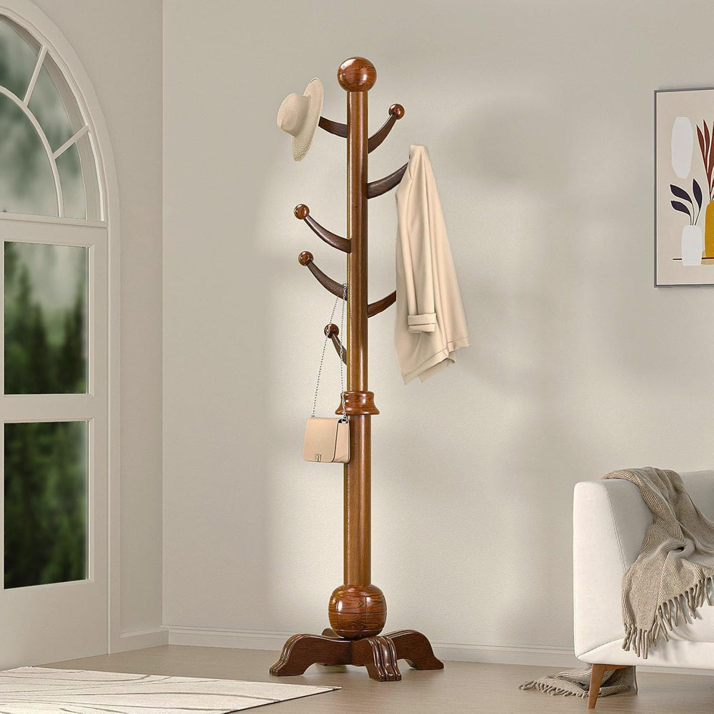Freestanding Wooden Coat Rack with 7 Hooks – 72" Hall Tree Stand