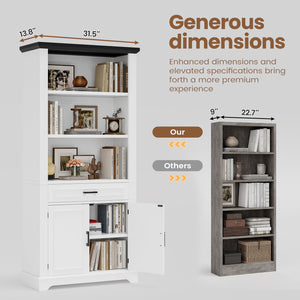 6-Tier Farmhouse Bookcase with Cabinet Doors and Drawer – 70" Tall