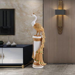 Decorative Peacock Statue – Resin Art Deco Sculpture (White & Gold)