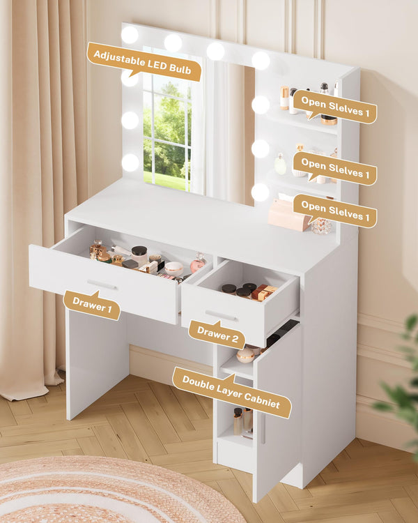 Lighted Makeup Vanity Desk with Mirror, Drawers & Storage Cabinet – White
