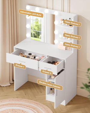Makeup Vanity Desk with Hollywood Lights, Mirror & Storage