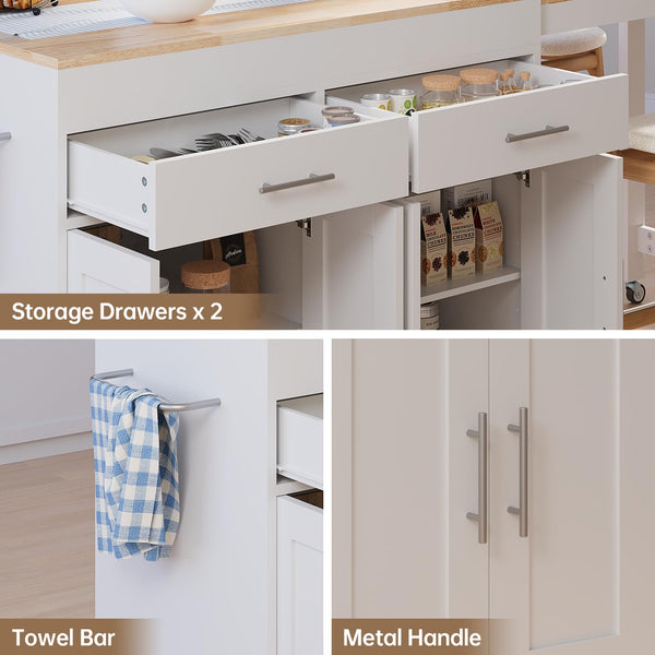 OtterOasis 78" Rolling Kitchen Island with Extendable Dining Table, Mobile Island with Storage for 2, Farmhouse Wood 4-Door Cabinet for Kitchen & Dining Room, White