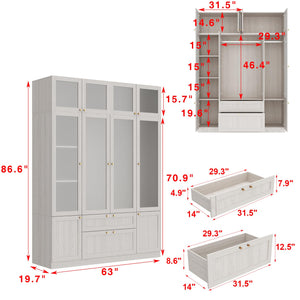 Wide Wardrobe Armoire with Frosted Glass Doors, Hanging Rods & Drawers