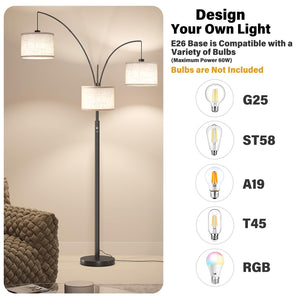 3-Light Arc Floor Lamp with Linen Drum Shades