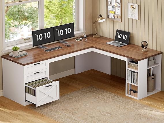 L-Shaped Farmhouse Desk with Drawers, Power Outlets & Storage Shelves