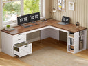 L-Shaped Desk with 3 Drawers, Storage Shelves & Power Outlets