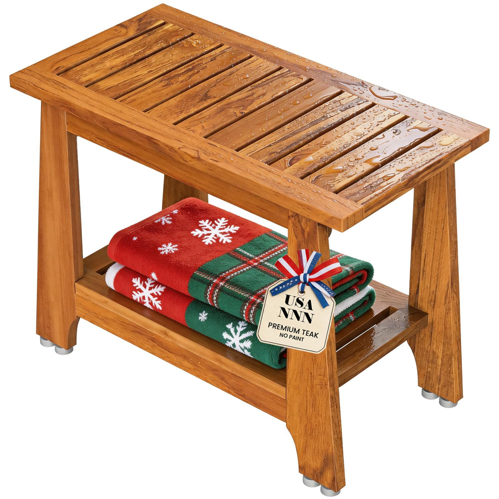 NNN 24" Commercial Teak Shower Bench - 8 Non-Slip Leveling Feet & 350 lbs Capacity | Rock-Solid Stability for Seniors & Spa Safety | Waterproof Design for Saunas/Outdoor Pools (Patented)