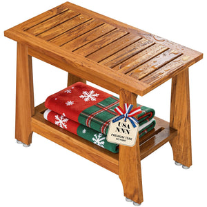 NNN 24" Commercial Teak Shower Bench - 8 Non-Slip Leveling Feet & 350 lbs Capacity | Rock-Solid Stability for Seniors & Spa Safety | Waterproof Design for Saunas/Outdoor Pools (Patented)