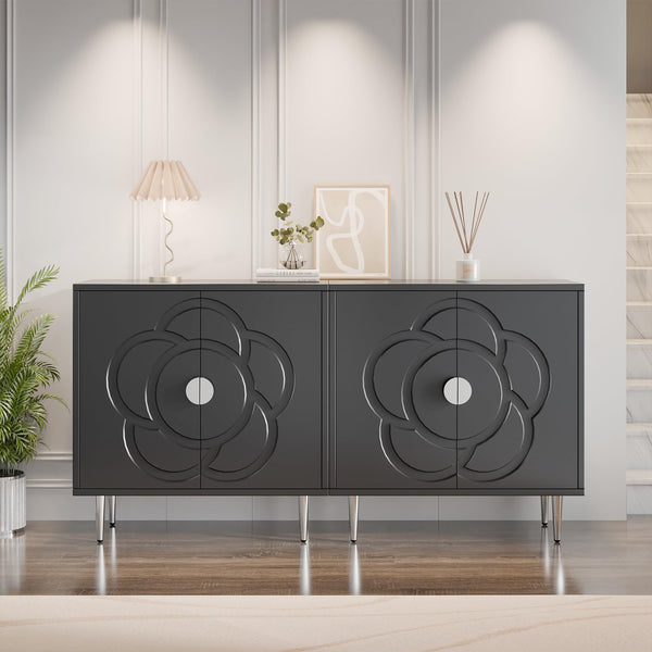 Wood Sideboard Buffet Cabinet with Decorative Flower Pattern Doors