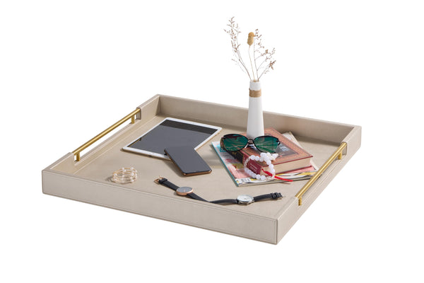 Oversized Square Ottoman Tray with Gold Handles – Faux Leather, 24x24