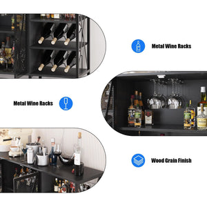 Rustic Wine Bar Cabinet with Wine Rack, Glass Holder & LED Light