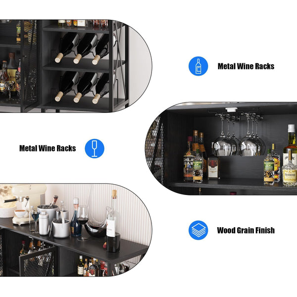Rustic Wine Bar Cabinet with Wine Rack, Glass Holder & LED Light