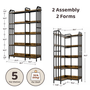 5-Tier Reversible Corner Bookshelf – Industrial Wood & Metal, 70"