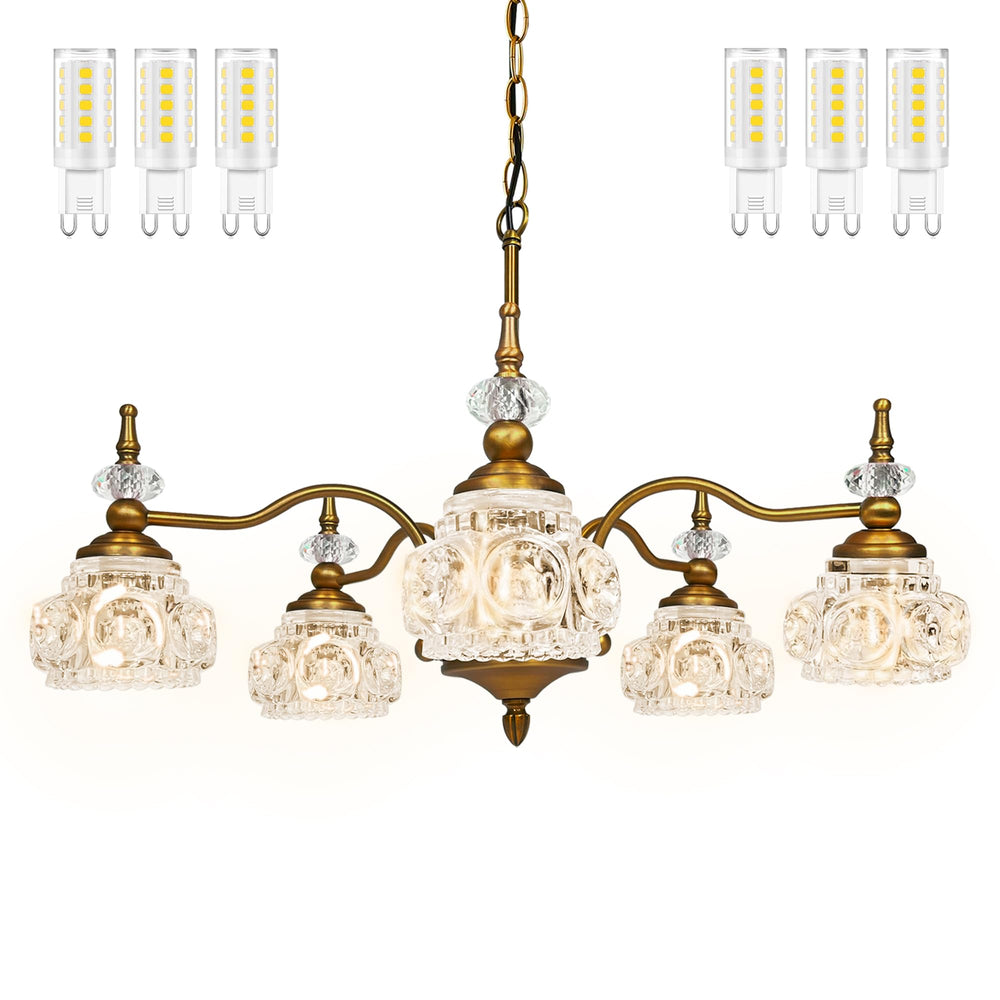 5-Light Vintage Brass Crystal Chandelier