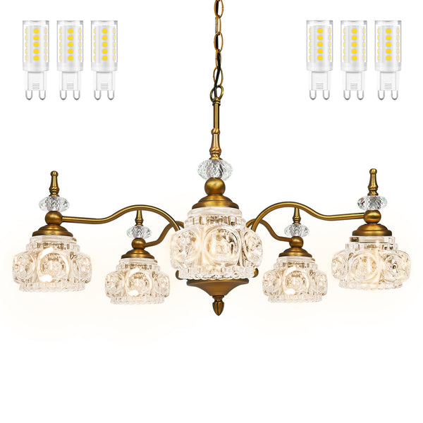 5-Light Vintage Brass Crystal Chandelier