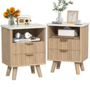 Fluted Nightstand Set of 2 with Drawer & Open Shelf — Oak