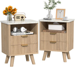 Fluted Nightstand Set of 2 with Drawer & Open Shelf — Oak