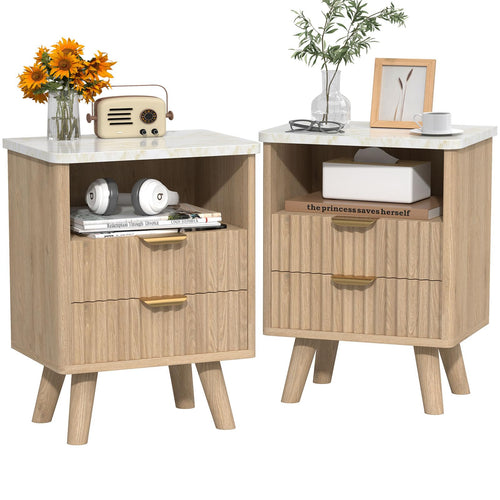 Fluted Nightstand Set of 2 with Drawer & Open Shelf — Oak