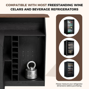 L-Shaped Home Bar Unit with LED Strip, Stemware Racks & Fridge Space – Black & Walnut
