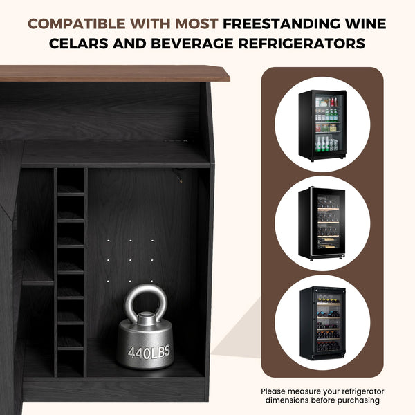 L-Shaped Home Bar Unit with LED Strip, Stemware Racks & Fridge Space – Black & Walnut