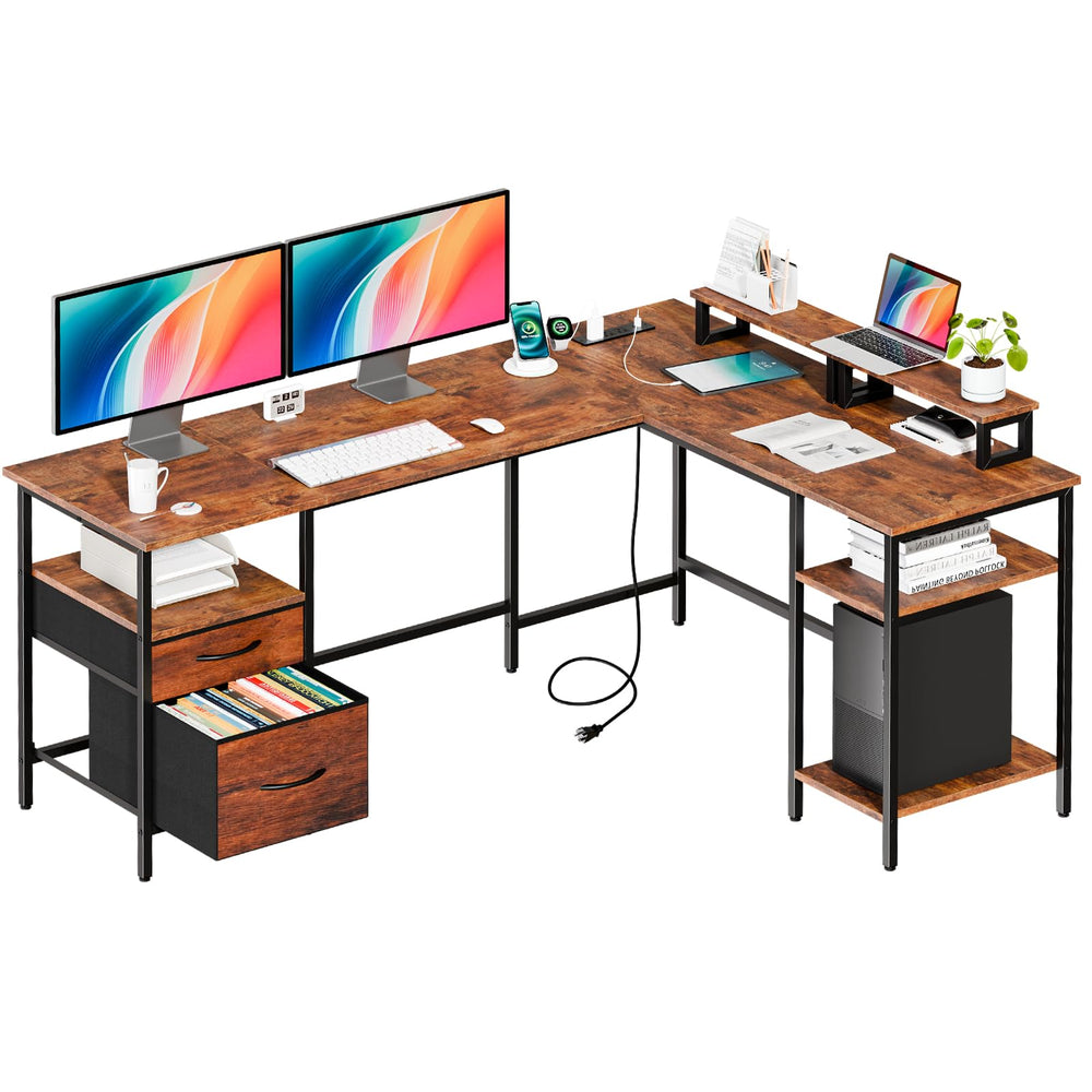 L-Shaped Gaming & Home Office Desk with Charging Station
