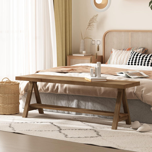 Solid Wood Farmhouse Entryway Bench with Storage Shelf