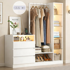 LED Wardrobe with Hanging Rod, Drawers & Charging Station