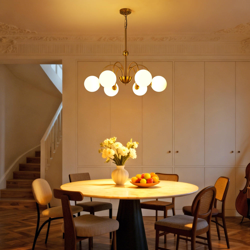 6-Light Brushed Gold Globe Chandelier with Milk Glass Shades