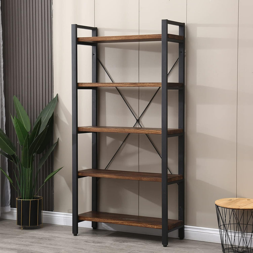 Industrial Wood & Metal Bookshelf – Multi-Tier Etagere Bookcase