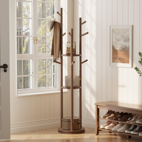 Rotating Wood Coat Rack with 3 Shelves and 9 Hooks