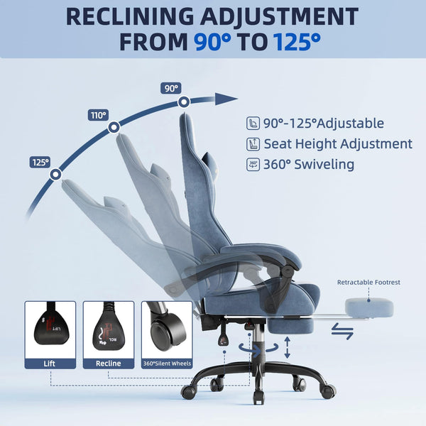 Velvet Gaming Chair with Footrest & Massage Lumbar