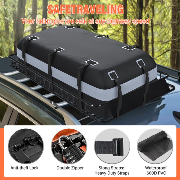 Rooftop Cargo Basket with Waterproof Bag – 250 lb Heavy-Duty Steel Roof Rack