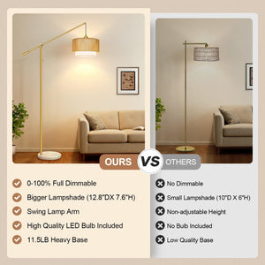 Boho Dimmable Arc Floor Lamp with Rattan & Fabric Shades