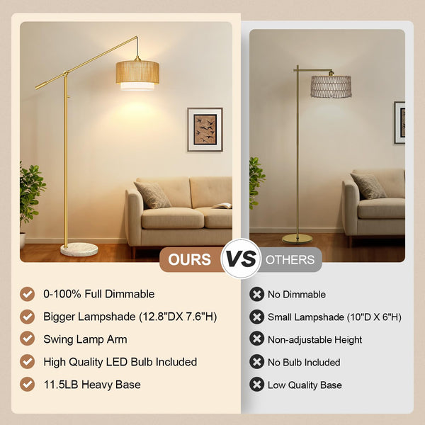 Boho Dimmable Arc Floor Lamp with Rattan & Fabric Shades