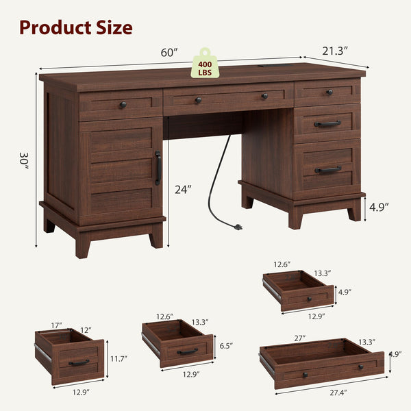 Executive Desk 60" with File Drawers & Charging Station