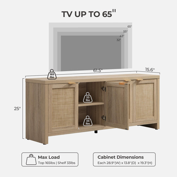 Boho TV Stand with 4 Rattan Cabinets – Farmhouse Entertainment Center, Fits TVs up to 65 Inch