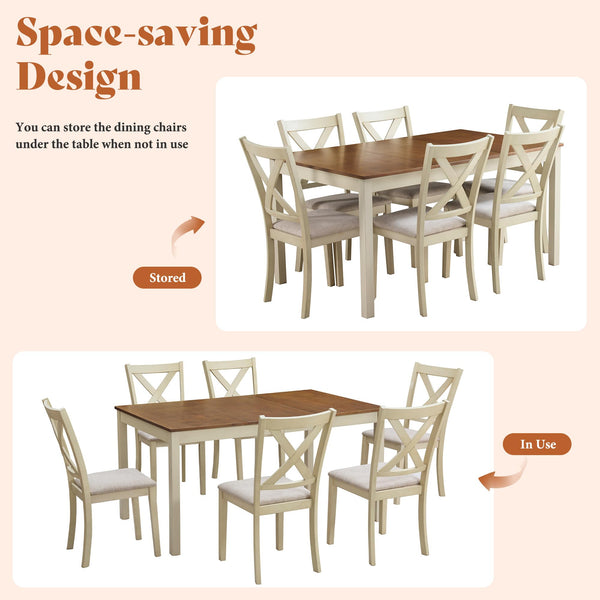 7-Piece Farmhouse Solid Wood Dining Table Set with 6 Upholstered Chairs