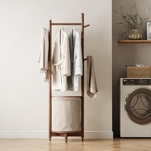 Freestanding Wood Coat Rack with Hooks, Wheels & Fabric Basket