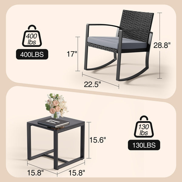 3-Piece Outdoor Rattan Rocking Bistro Set with Coffee Table