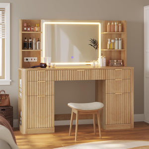 Fluted Makeup Vanity Desk with Mirror & Lights