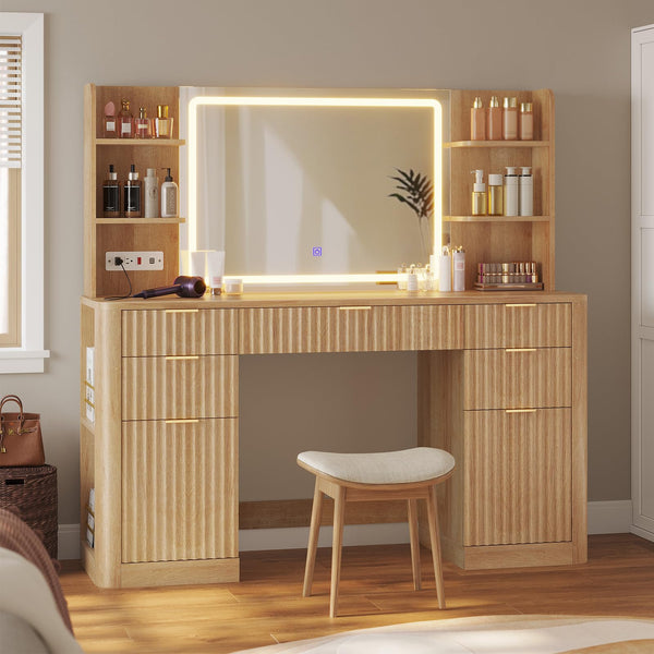 Fluted Makeup Vanity Desk with Mirror & Lights