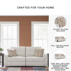 Beige Tufted Manual Reclining Sofa with Accent Pillows