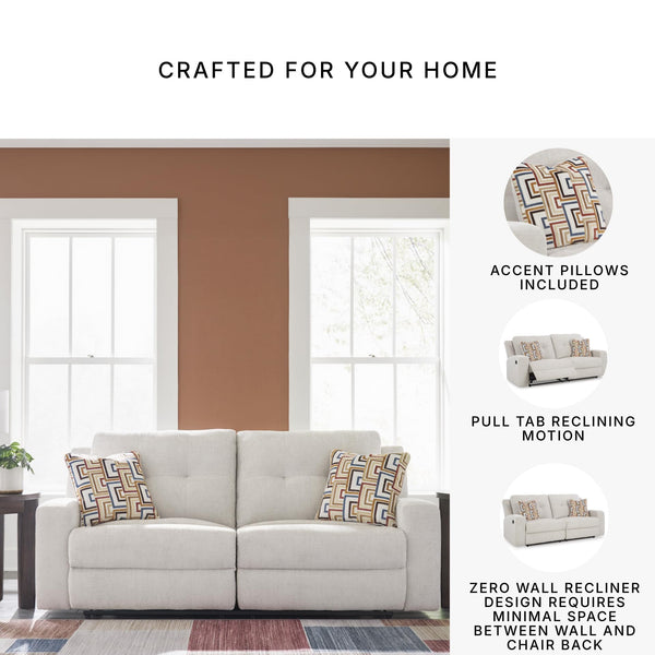 Beige Tufted Manual Reclining Sofa with Accent Pillows