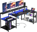 L-Shaped Corner Desk with Power Outlets & LED Monitor Stand