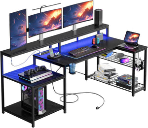 L-Shaped Corner Desk with Power Outlets & LED Monitor Stand