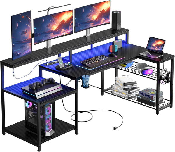 L-Shaped Corner Desk with Power Outlets & LED Monitor Stand