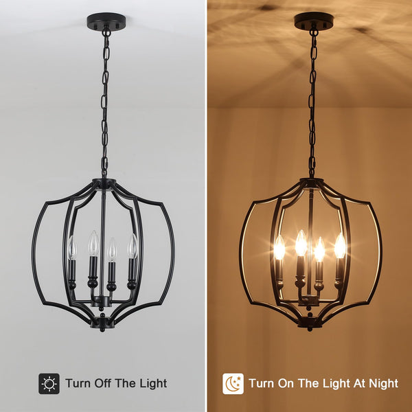 4-Light Black Farmhouse Lantern Chandelier with Geometric Cage