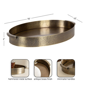 Oval Hammered Metal Decorative Serving Tray with Handles