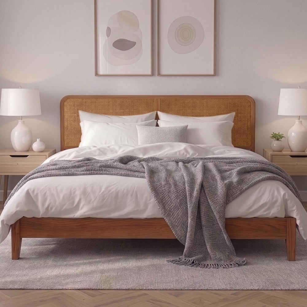 Queen & King Bed Frame with Rattan Headboard
