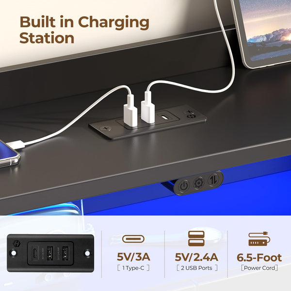 Platform Bed Frame with Storage Headboard, LED Lights & Charging Station